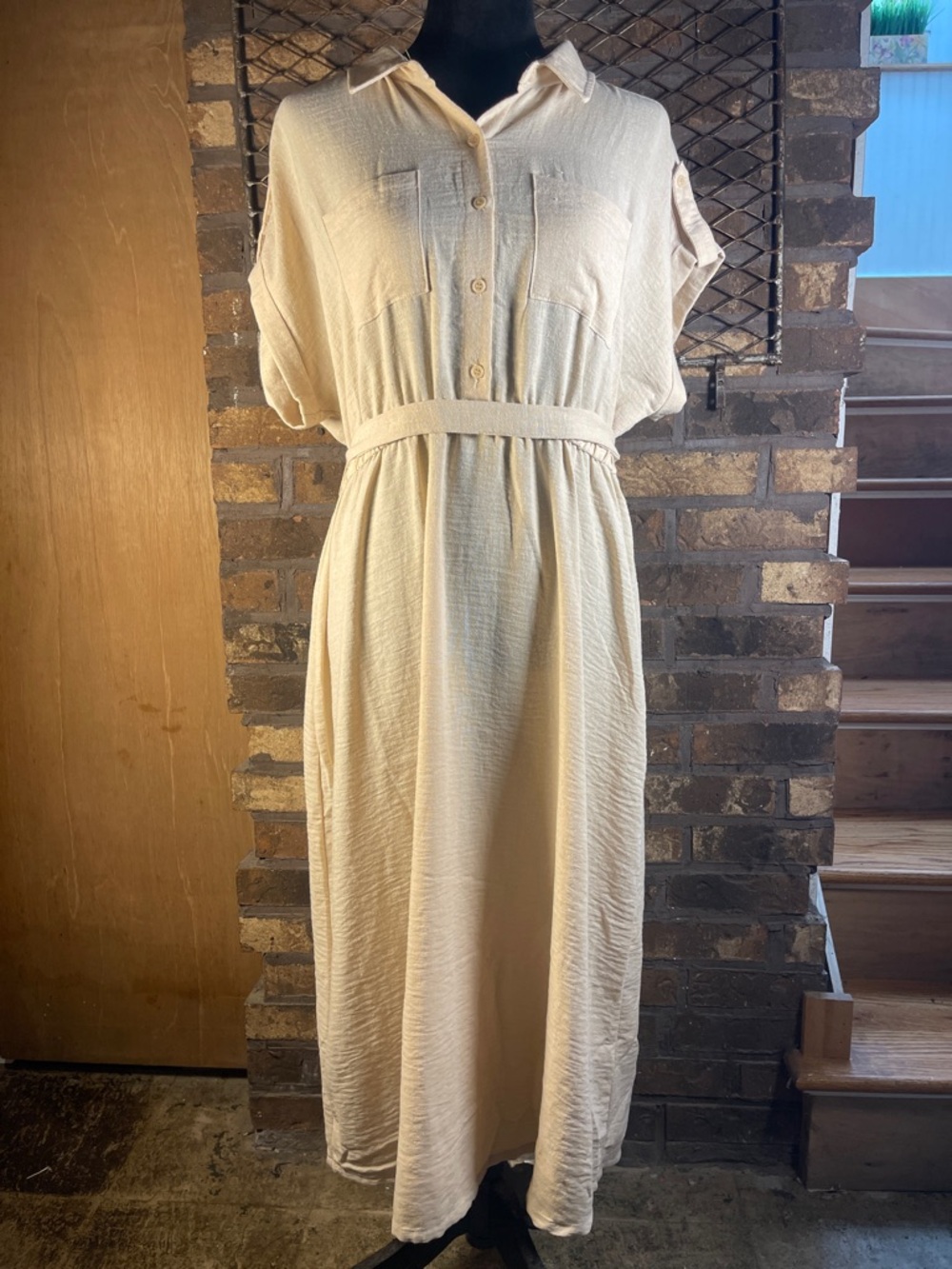 Zoey & Leelo Cream Button-Front Linen Blend Shirt Dress with Waist Tie XL